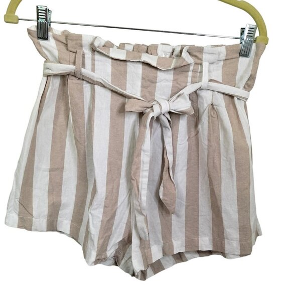(1042)Papaya Tan& White Striped High Waisted Shorts with Tie Belt Size M - Picture 1 of 6